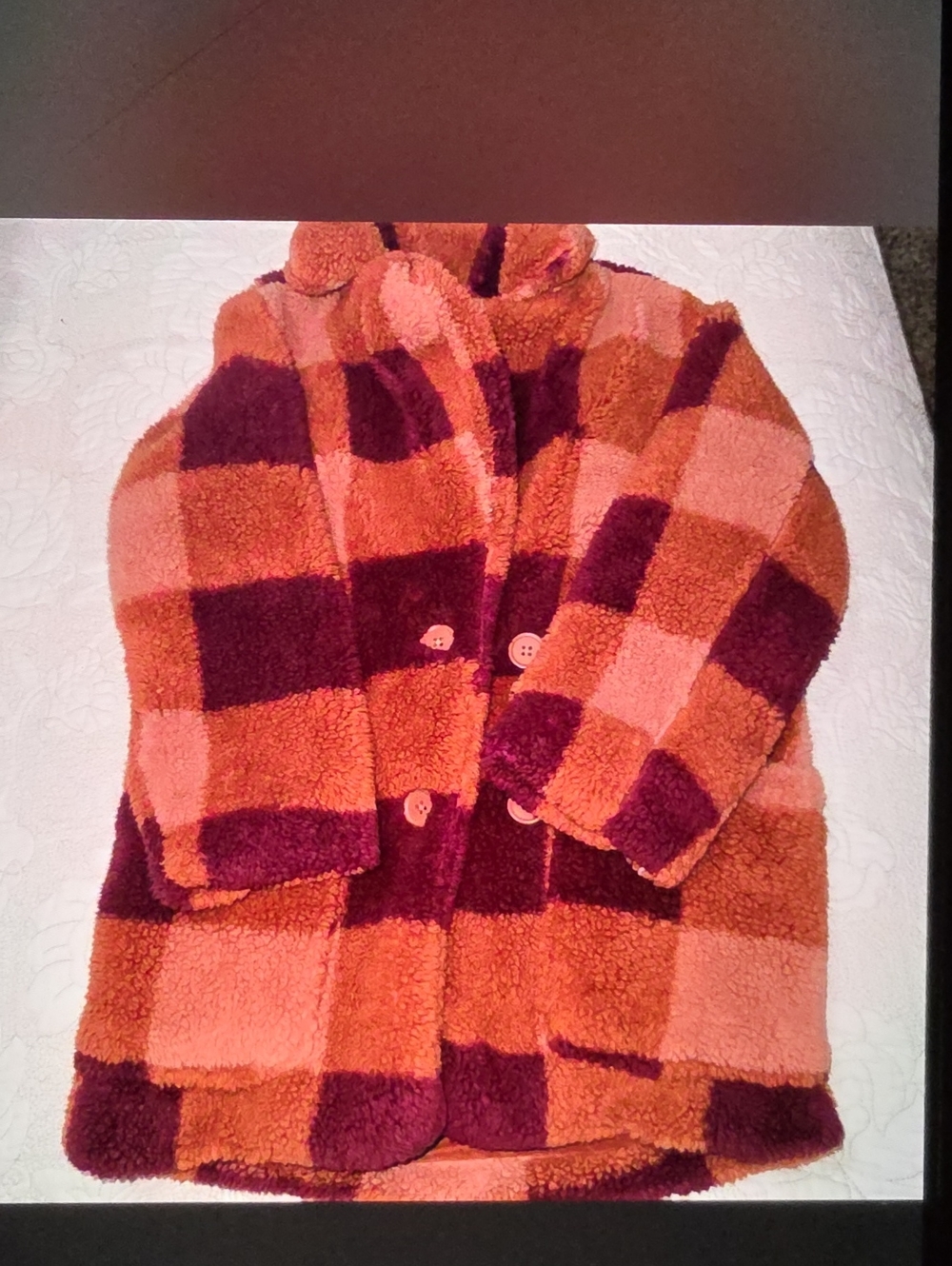art class Pink and Burgundy Plush Check Pea Coat